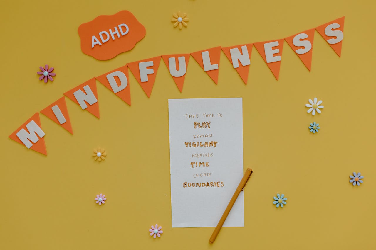 Creative poster promoting ADHD awareness and mindfulness practices.